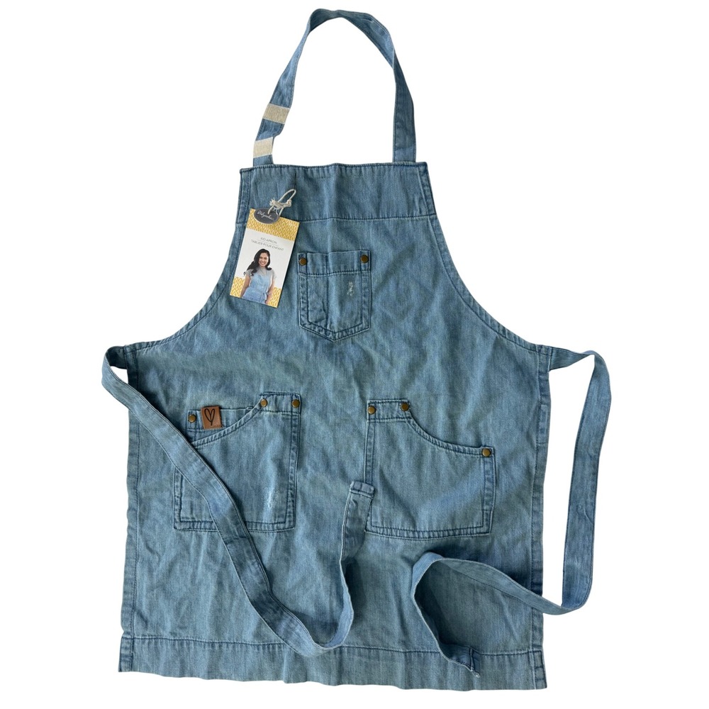 Ayesha Curry Kids Denim Apron Light Wash Blue Cotton Unisex Bib Pockets NEW